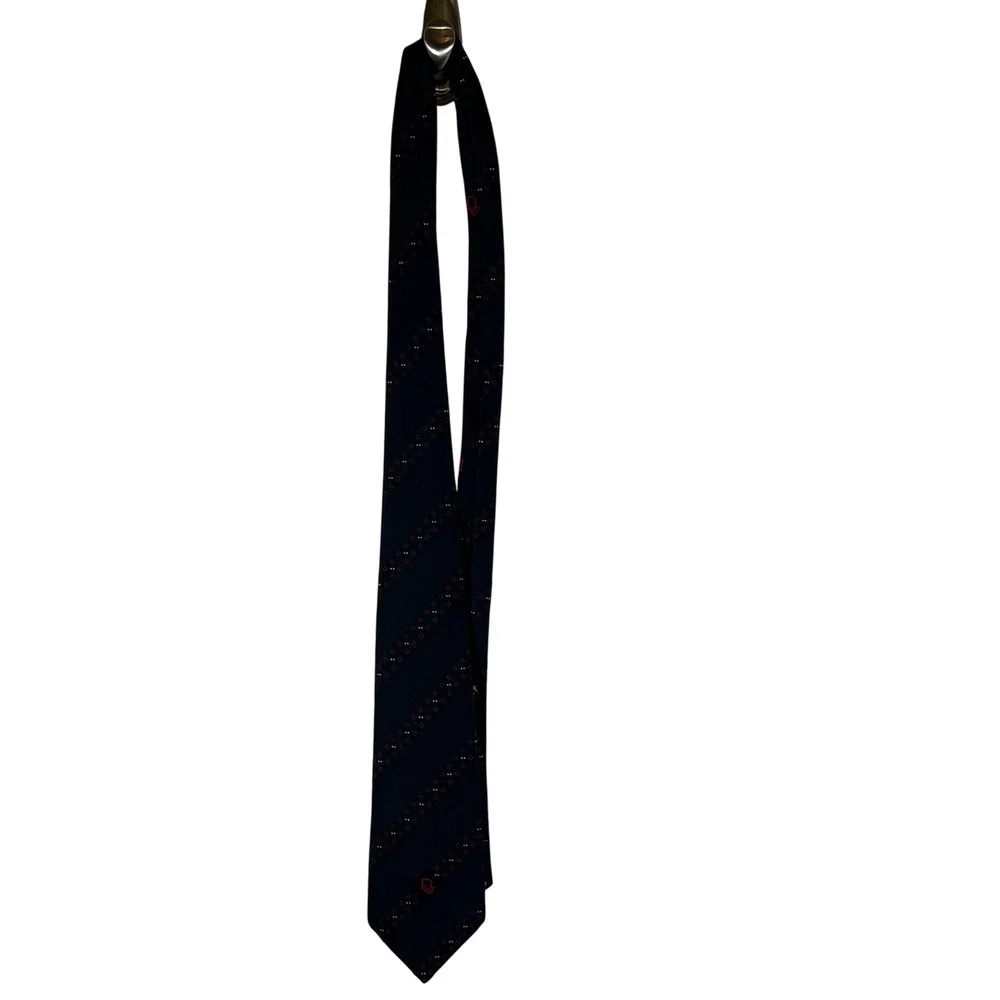 Christian Dior Cravates Mens Navy Blue‎ Herringbone Geometric Stripe Silk Tie